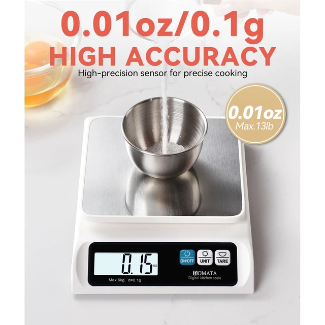 Alt view image 2 of 7 - 0.1g High Precision Digital Kitchen Food Scale, 13lb Gram Scale | Removable Pan, Stainless Steel Pan, Backlit LCD Display, Digital Scale for Cooking, Baking B621 White