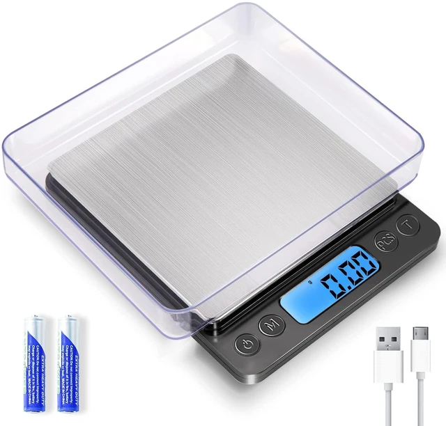 Main image of Small Digital Gram Scale 1000g by 0.01g, High Accuracy Scale for Food Ounces and Grams, Upgrade USB Charging Kitchen Scale Digital Weight for Cooking, Baking, with Tare Function, 9 Units, 2 Tray
