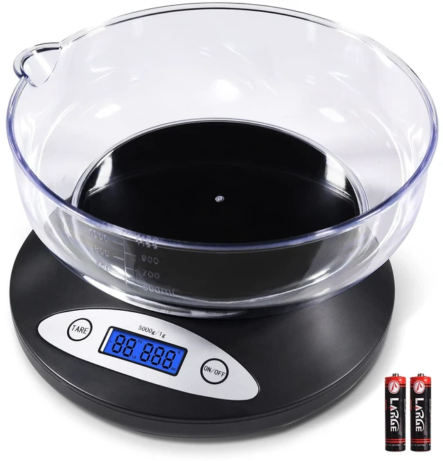 Main image of 11lb Kitchen Scale with Bowl, 1g/0.1oz Backlit LCD for Baking | Digital Food Scale 5kg, Min 3g Start, Grams & Ounces, Easy-Clean, Non-Stick Bowl, Ideal for Baking, Dieting, Meal Prep
