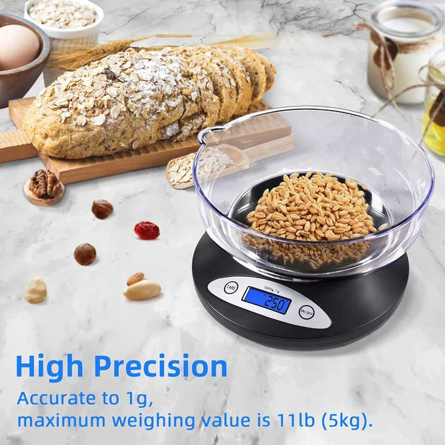 Alt view image 5 of 7 - 11lb Kitchen Scale with Bowl, 1g/0.1oz Backlit LCD for Baking | Digital Food Scale 5kg, Min 3g Start, Grams & Ounces, Easy-Clean, Non-Stick Bowl, Ideal for Baking, Dieting, Meal Prep