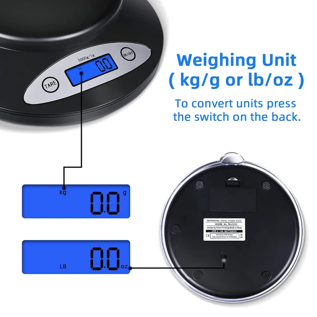 Alt view image 4 of 7 - 11lb Kitchen Scale with Bowl, 1g/0.1oz Backlit LCD for Baking | Digital Food Scale 5kg, Min 3g Start, Grams & Ounces, Easy-Clean, Non-Stick Bowl, Ideal for Baking, Dieting, Meal Prep