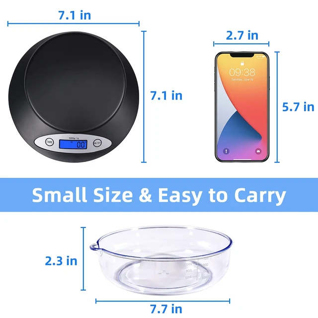 Alt view image 7 of 7 - 11lb Kitchen Scale with Bowl, 1g/0.1oz Backlit LCD for Baking | Digital Food Scale 5kg, Min 3g Start, Grams & Ounces, Easy-Clean, Non-Stick Bowl, Ideal for Baking, Dieting, Meal Prep