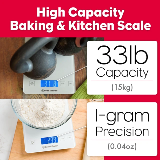 Alt view image 3 of 7 - High Capacity Baking & Kitchen Scale (Weighs up to 33lbs/15kg of Ingredients), 1-Gram Precision, Five Unit Options, 5-Minute Display, Batteries Included