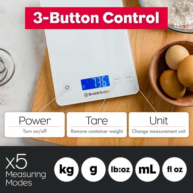 Alt view image 7 of 7 - High Capacity Baking & Kitchen Scale (Weighs up to 33lbs/15kg of Ingredients), 1-Gram Precision, Five Unit Options, 5-Minute Display, Batteries Included