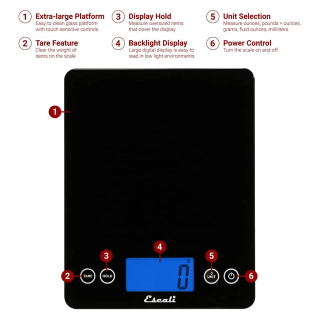 Alt view image 2 of 6 - 2210IB ArtiXL Extra-Large Glass Digital LCD Display Kitchen Scale, Measures Liquid and Dry Ingredients, Tare Function, 22lb Capacity, Black