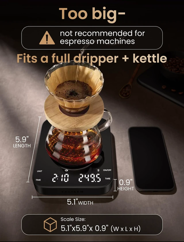 Alt view image 2 of 7 - Pour-Over Coffee Scale with Timer, 100-Day USB-C Rechargeable | 0.1g Precision, Silent Glass Mirror Touch, 5.9"x5.1" Platform, for V60 Chemex AeroPress Baking Matcha (Black,0.3-3000g)