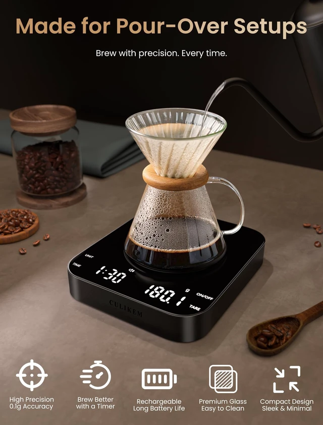 Alt view image 3 of 7 - Pour-Over Coffee Scale with Timer, 100-Day USB-C Rechargeable | 0.1g Precision, Silent Glass Mirror Touch, 5.9"x5.1" Platform, for V60 Chemex AeroPress Baking Matcha (Black,0.3-3000g)