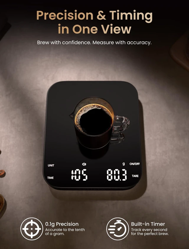 Alt view image 4 of 7 - Pour-Over Coffee Scale with Timer, 100-Day USB-C Rechargeable | 0.1g Precision, Silent Glass Mirror Touch, 5.9"x5.1" Platform, for V60 Chemex AeroPress Baking Matcha (Black,0.3-3000g)