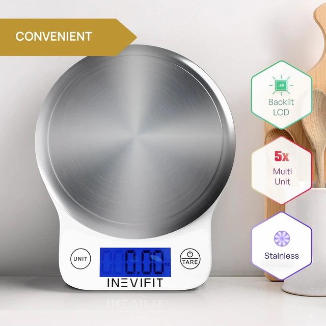 Alt view image 3 of 6 - Digital Kitchen Scale, Highly Accurate Multifunction Food Scale 13 lbs 6kgs Max, Clean Modern White with Premium Stainless Steel Finish. Includes Batteries