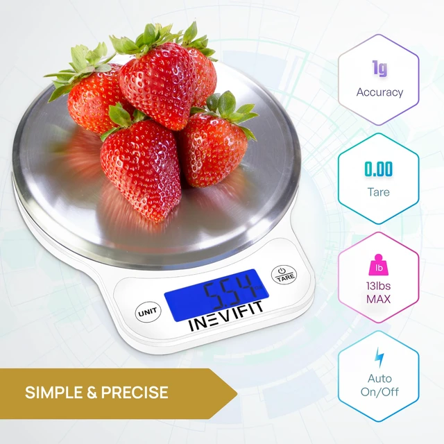 Alt view image 2 of 6 - Digital Kitchen Scale, Highly Accurate Multifunction Food Scale 13 lbs 6kgs Max, Clean Modern White with Premium Stainless Steel Finish. Includes Batteries