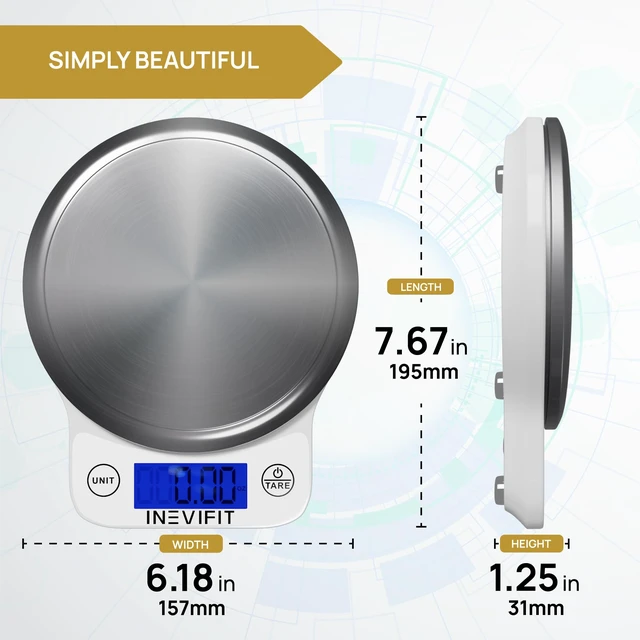 Alt view image 5 of 6 - Digital Kitchen Scale, Highly Accurate Multifunction Food Scale 13 lbs 6kgs Max, Clean Modern White with Premium Stainless Steel Finish. Includes Batteries