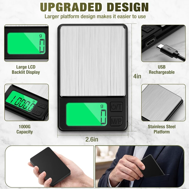 Alt view image 2 of 7 - Rechargeable 1000g x 0.01g Portable Pocket Precision Gram Scale | Large Backlit LCD, with Protective Cover, 7 Units Conversion, Auto-off, Tare, Pocket Scale for Food, Baking, Jewelry, Powder