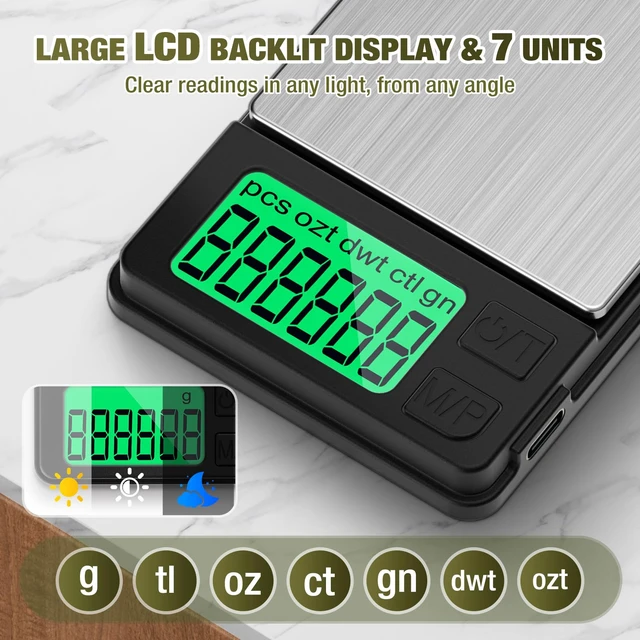 Alt view image 4 of 7 - Rechargeable 1000g x 0.01g Portable Pocket Precision Gram Scale | Large Backlit LCD, with Protective Cover, 7 Units Conversion, Auto-off, Tare, Pocket Scale for Food, Baking, Jewelry, Powder