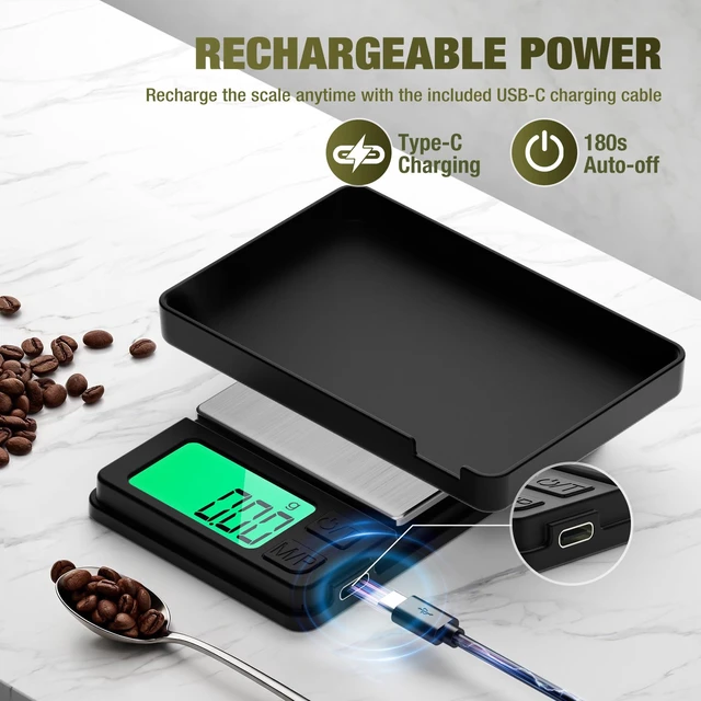 Alt view image 3 of 7 - Rechargeable 1000g x 0.01g Portable Pocket Precision Gram Scale | Large Backlit LCD, with Protective Cover, 7 Units Conversion, Auto-off, Tare, Pocket Scale for Food, Baking, Jewelry, Powder