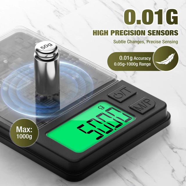 Alt view image 5 of 7 - Rechargeable 1000g x 0.01g Portable Pocket Precision Gram Scale | Large Backlit LCD, with Protective Cover, 7 Units Conversion, Auto-off, Tare, Pocket Scale for Food, Baking, Jewelry, Powder