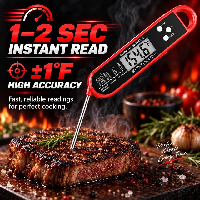 Alt view image 2 of 7 - 1-2S Instant Read Meat Thermometer Digital, High Accuracy&Strong Magnet | IP67 Waterproof, Pre-Calibrated, Professional Kitchen Gadgets for Cooking, Food, Grilling, BBQ, Turkey, Steak, Men/Dad's Gift