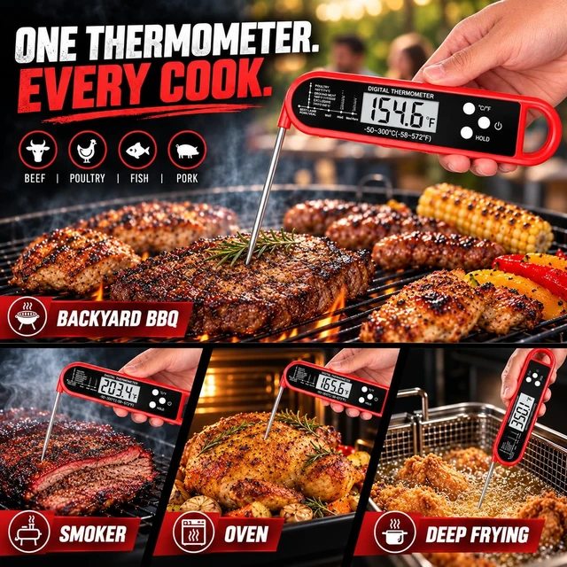 Alt view image 4 of 7 - 1-2S Instant Read Meat Thermometer Digital, High Accuracy&Strong Magnet | IP67 Waterproof, Pre-Calibrated, Professional Kitchen Gadgets for Cooking, Food, Grilling, BBQ, Turkey, Steak, Men/Dad's Gift