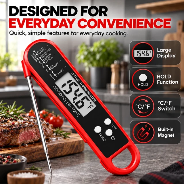 Alt view image 5 of 7 - 1-2S Instant Read Meat Thermometer Digital, High Accuracy&Strong Magnet | IP67 Waterproof, Pre-Calibrated, Professional Kitchen Gadgets for Cooking, Food, Grilling, BBQ, Turkey, Steak, Men/Dad's Gift