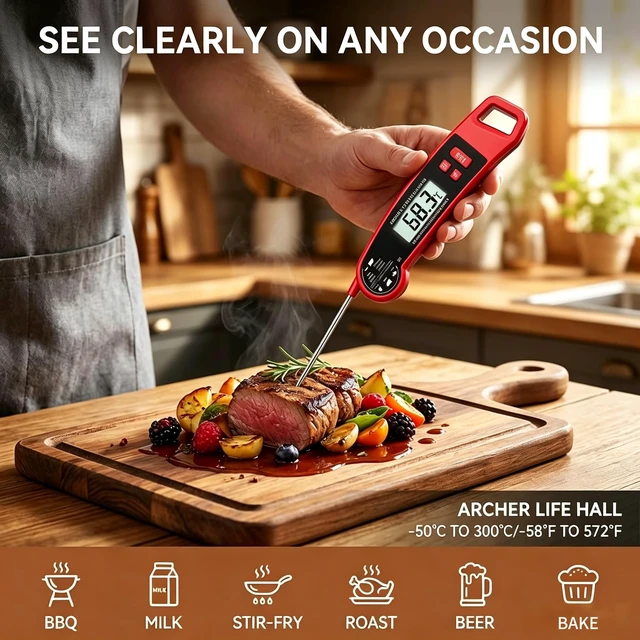 Alt view image 3 of 5 - Meat Thermometer Digital Instant Read for Food, Cooking, Grill | Waterproof, Bright Backlit Display for Air Fryer, Smoker, Kitchen Gadgets, BBQ, for Dad Men Husband