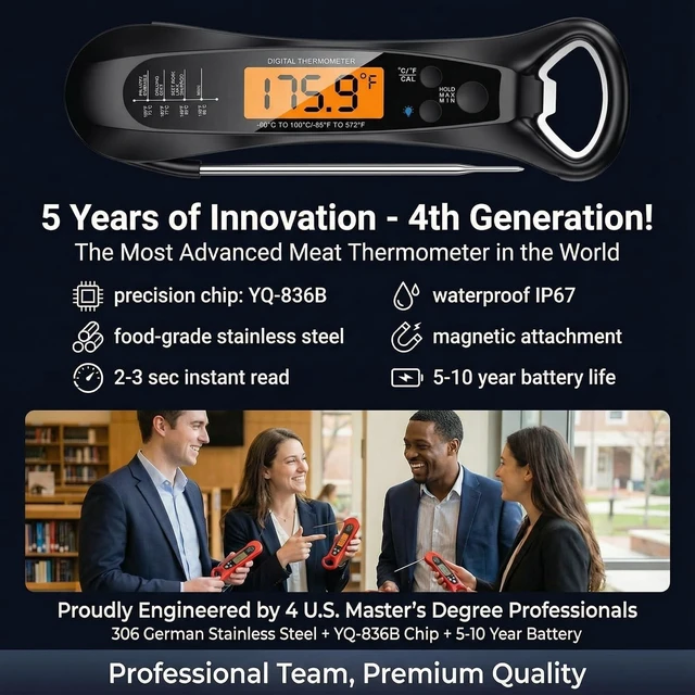 Alt view image 2 of 7 - Chef Meat Thermometer Digital, 1 Sec Instant Read, NIST® Certified Accurate to ±0.5, Ultra Bright LED Screen, 100% Waterproof, Auto-Rotate, for courtyard BBQ, Turkey, Candy, Liquids, bread