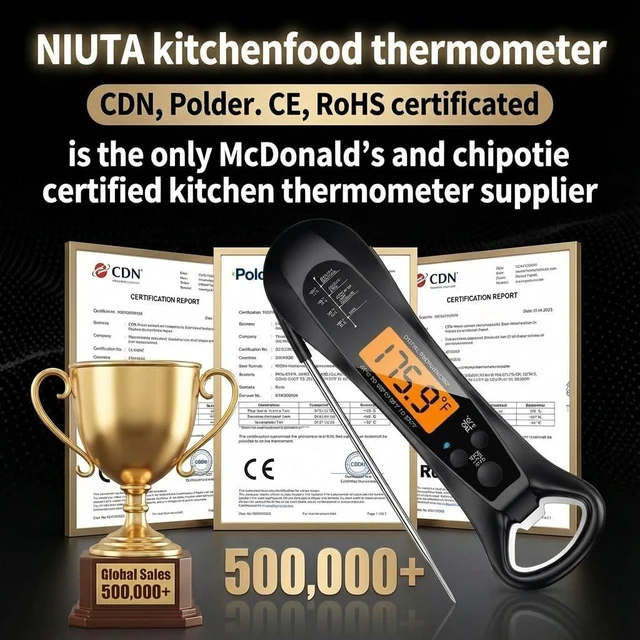 Alt view image 3 of 7 - Chef Meat Thermometer Digital, 1 Sec Instant Read, NIST® Certified Accurate to ±0.5, Ultra Bright LED Screen, 100% Waterproof, Auto-Rotate, for courtyard BBQ, Turkey, Candy, Liquids, bread