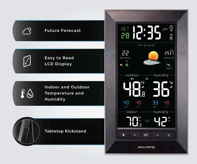 Alt view image 4 of 6 - Digital Vertical Weather Forecaster with Indoor/Outdoor Temperature, Humidity, and Date and Time (01121M), Black