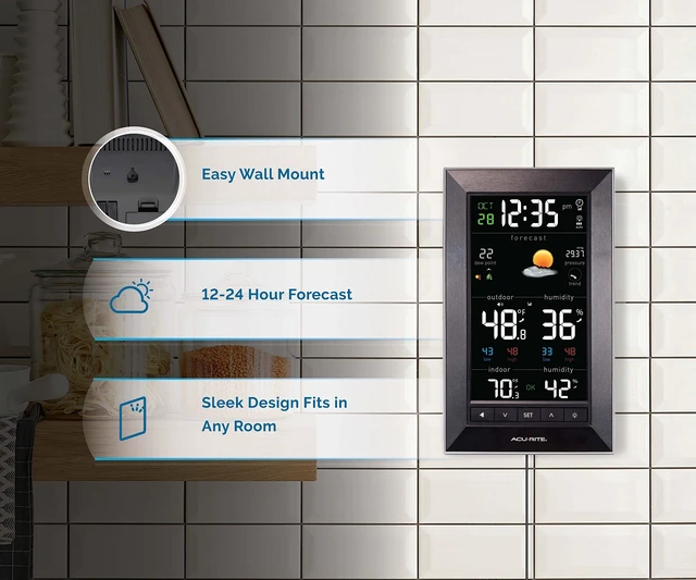 Alt view image 5 of 6 - Digital Vertical Weather Forecaster with Indoor/Outdoor Temperature, Humidity, and Date and Time (01121M), Black