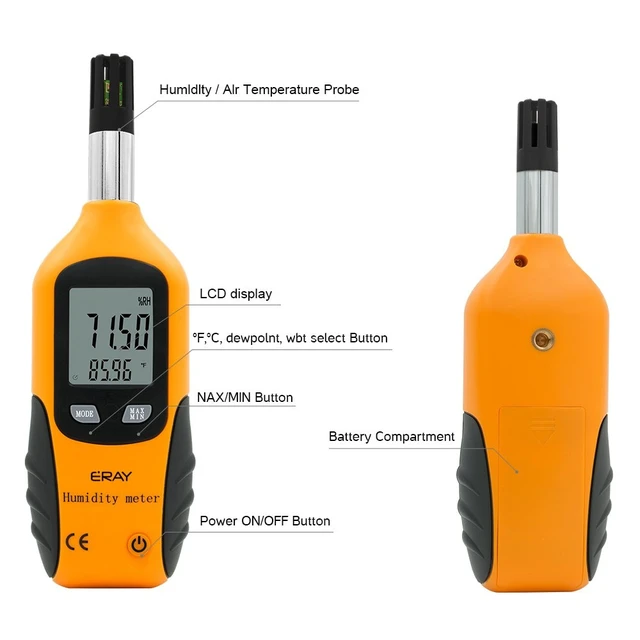 Alt view image 3 of 6 - Digital Psychrometer Thermometer Hygrometer with Backlight, Temperature and Humidity Reader Meter Thermo-Hygrometer with Dew Point and Wet Bulb Temperature, 9V Battery Included(Yellow)