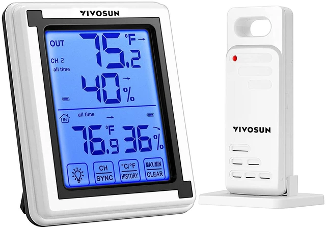 Main image of Indoor Outdoor Thermometer Wireless Digital Hygrometer Temperature and Humidity Monitor with Touchscreen LCD Backlight, 200ft/60m Range, Battery Included