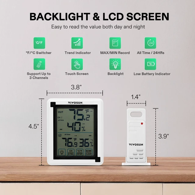 Alt view image 7 of 7 - Indoor Outdoor Thermometer Wireless Digital Hygrometer Temperature and Humidity Monitor with Touchscreen LCD Backlight, 200ft/60m Range, Battery Included