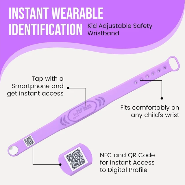 Alt view image 2 of 7 - Adjustable Kids ID Bracelet, NFC Safety Band, Waterproof, No Subscription | Waterproof silicone; not GPS; nonverbal kids medical info; tap-to-scan emergency contact; adjustable band