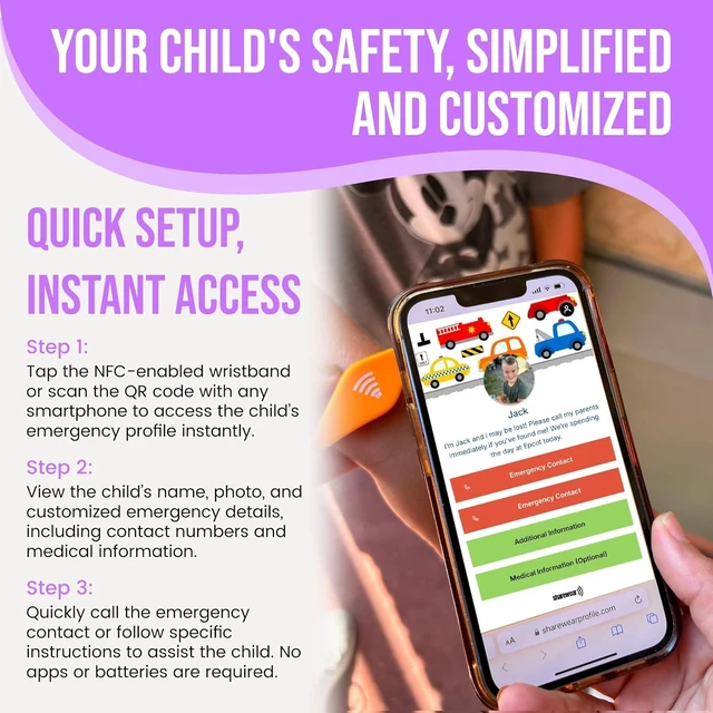 Alt view image 3 of 7 - Adjustable Kids ID Bracelet, NFC Safety Band, Waterproof, No Subscription | Waterproof silicone; not GPS; nonverbal kids medical info; tap-to-scan emergency contact; adjustable band