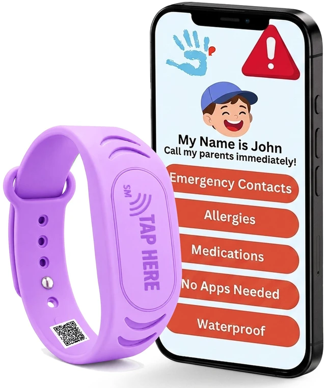 Main image of Adjustable Kids ID Bracelet, NFC Safety Band, Waterproof, No Subscription | Waterproof silicone; not GPS; nonverbal kids medical info; tap-to-scan emergency contact; adjustable band