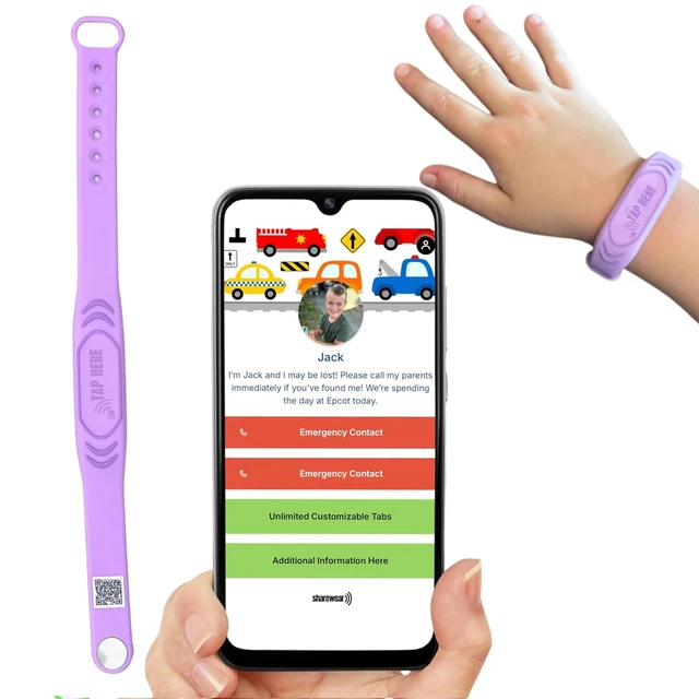 Alt view image 7 of 7 - Adjustable Kids ID Bracelet, NFC Safety Band, Waterproof, No Subscription | Waterproof silicone; not GPS; nonverbal kids medical info; tap-to-scan emergency contact; adjustable band