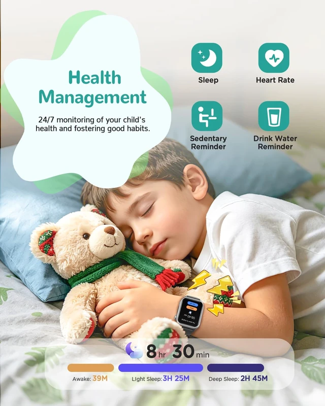 Alt view image 4 of 7 - Kids Smart Watch No App or Phone Needed, IP68 Waterproof, Health Monitoring | Fitness Tracker Watch for kid, Heart Rate, Workout Tracker, Sleep Monitor, Puzzle Games for Boys Girls Ages 4-12, Black