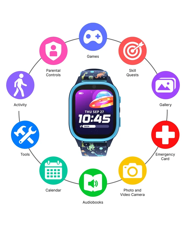 Alt view image 3 of 7 - 4 Kids Smartwatch, Educational Tech Toy25+ Games, Selfie Camera, Audiobooks, Step Tracker, WaterResistant, Parental Controls, Long Battery, Ages412 (Navy Dinosaurs)