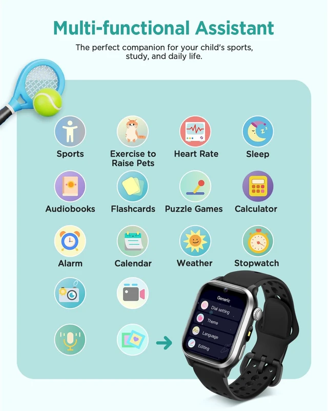 Alt view image 7 of 7 - Kids Smart Watch No App or Phone Needed, IP68 Waterproof, Health Monitoring | Fitness Tracker Watch for kid, Heart Rate, Workout Tracker, Sleep Monitor, Puzzle Games for Boys Girls Ages 4-12, Black