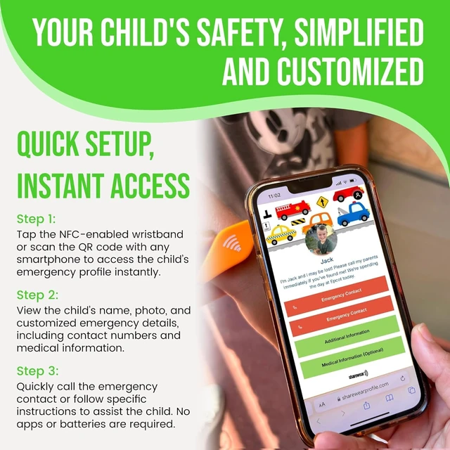Alt view image 3 of 7 - Adjustable Kids ID Bracelet, NFC Safety Band, Waterproof, No Subscription | Waterproof silicone; not GPS; nonverbal kids medical info; tap-to-scan emergency contact; adjustable band