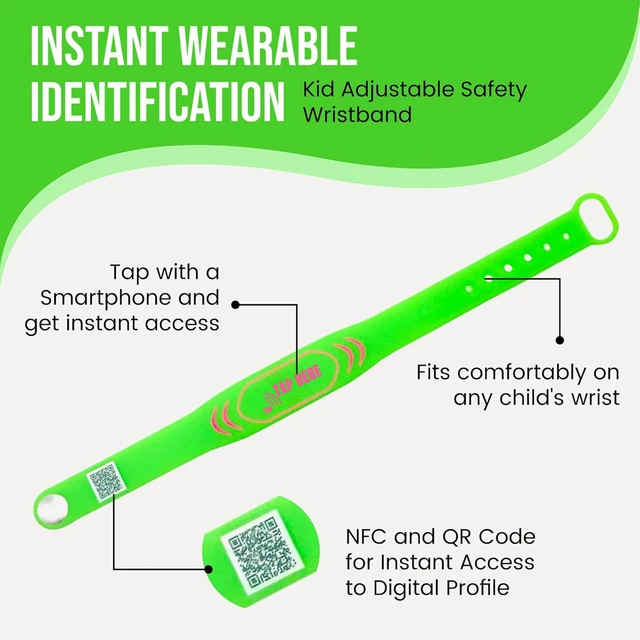 Alt view image 2 of 7 - Adjustable Kids ID Bracelet, NFC Safety Band, Waterproof, No Subscription | Waterproof silicone; not GPS; nonverbal kids medical info; tap-to-scan emergency contact; adjustable band