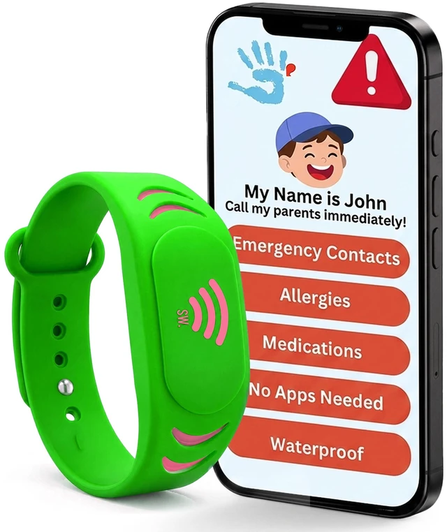 Main image of Adjustable Kids ID Bracelet, NFC Safety Band, Waterproof, No Subscription | Waterproof silicone; not GPS; nonverbal kids medical info; tap-to-scan emergency contact; adjustable band