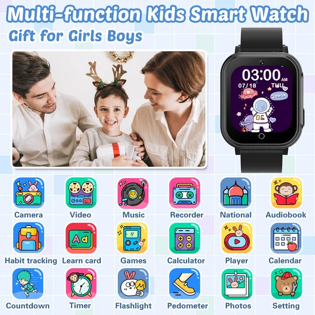 Alt view image 2 of 7 - Waterproof Smart Watch for Kids with 32 Games Dual Camera Video Pedometer | Habit Tracking, Music Player, Screen Protector, HD Touchscreen Kids Smart Watch, Toy Birthday Gift for 3-12 Year Old