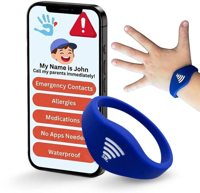 Main image of Kids ID Bracelet, Fitted NFC Safety Wristband, Waterproof Slip-On ID Band | Waterproof silicone; not GPS; wrist or ankle wear; ideal for theme parks, travel & beaches; slip-on fit