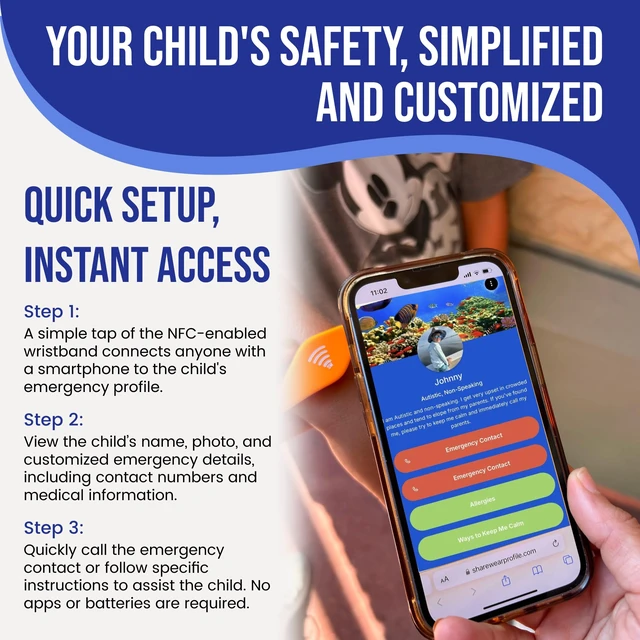 Alt view image 3 of 7 - Kids ID Bracelet, Fitted NFC Safety Wristband, Waterproof Slip-On ID Band | Waterproof silicone; not GPS; wrist or ankle wear; ideal for theme parks, travel & beaches; slip-on fit