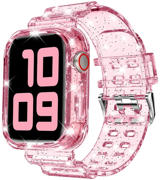 Main image of Compatible for Clear Apple Watch Band 45mm 44mm GlitterPink | Women Men,Glitter Bling TPU Sport Jelly with Bumper Case Strap,for iWatch SE Series 9 8 7 6 5 4 3 2 1,45/44mm GlitterPink