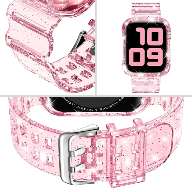 Alt view image 3 of 7 - Compatible for Clear Apple Watch Band 45mm 44mm GlitterPink | Women Men,Glitter Bling TPU Sport Jelly with Bumper Case Strap,for iWatch SE Series 9 8 7 6 5 4 3 2 1,45/44mm GlitterPink