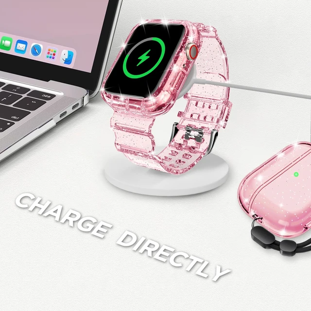 Alt view image 5 of 7 - Compatible for Clear Apple Watch Band 45mm 44mm GlitterPink | Women Men,Glitter Bling TPU Sport Jelly with Bumper Case Strap,for iWatch SE Series 9 8 7 6 5 4 3 2 1,45/44mm GlitterPink