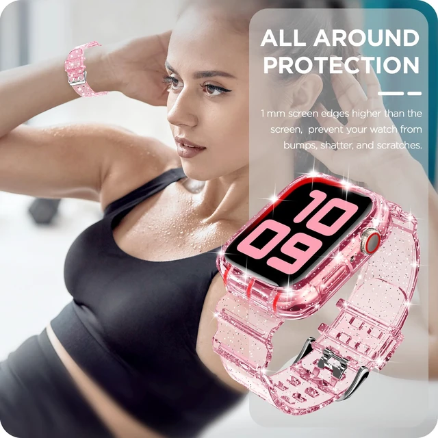 Alt view image 6 of 7 - Compatible for Clear Apple Watch Band 45mm 44mm GlitterPink | Women Men,Glitter Bling TPU Sport Jelly with Bumper Case Strap,for iWatch SE Series 9 8 7 6 5 4 3 2 1,45/44mm GlitterPink