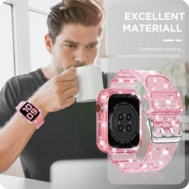 Alt view image 7 of 7 - Compatible for Clear Apple Watch Band 45mm 44mm GlitterPink | Women Men,Glitter Bling TPU Sport Jelly with Bumper Case Strap,for iWatch SE Series 9 8 7 6 5 4 3 2 1,45/44mm GlitterPink