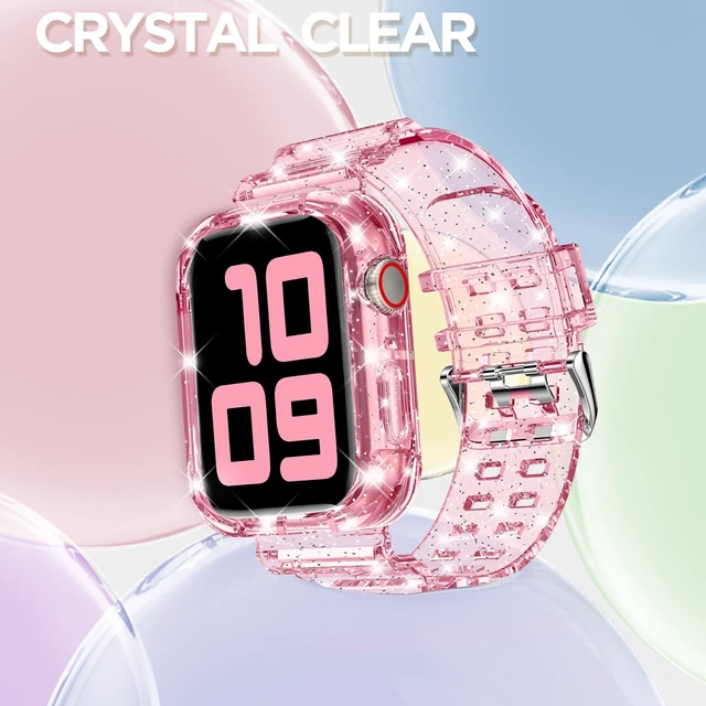 Alt view image 4 of 7 - Compatible for Clear Apple Watch Band 45mm 44mm GlitterPink | Women Men,Glitter Bling TPU Sport Jelly with Bumper Case Strap,for iWatch SE Series 9 8 7 6 5 4 3 2 1,45/44mm GlitterPink