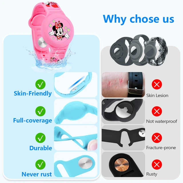 Alt view image 6 of 7 - Waterproof Airtag Bracelet for Kids, Cute Cartoon Silicone Air Tag Holder Hidden Design, Light Weight Compatible with Apple AirTag Wristband for Child, Pink